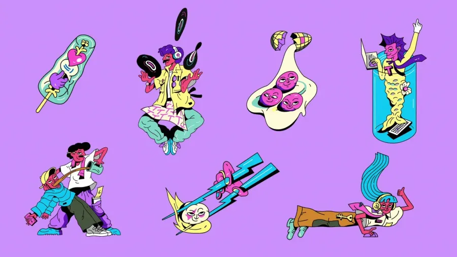Surreal character illustrations on lilac