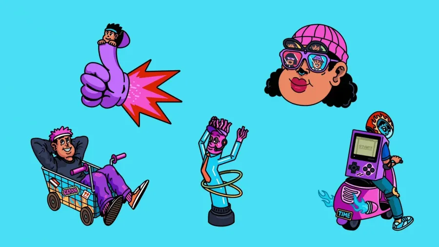 Cartoon characters on cyan background